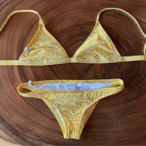 NWOT Rhythm. Yellow/White Polka Dot Bikini, Top Size M; Bottoms Size S